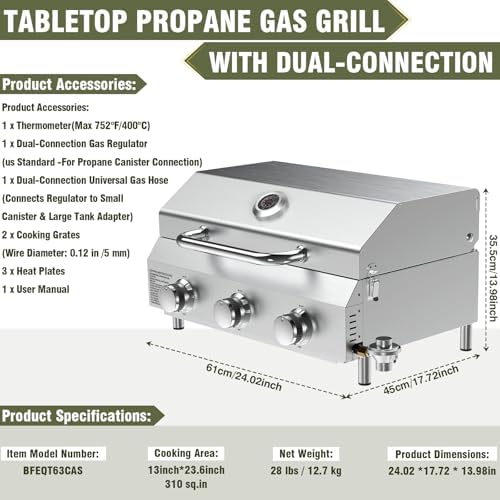 Bestfire 3-Burner Tabletop Propane Gas Grill with Dual Connections, 30,000 BTU Portable Propane Grill Fits Large Cylinders & Small Canisters, Knobs, Compact Design for Camping, RV, BBQ - Image 6