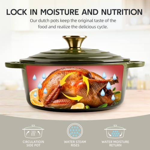 Dutch Oven Enameled Cast Iron with Lid - Big Dual Handles - Oven Safe up to 500°F - Classic Round Pot for Versatile Cooking 3 QT Deep Pot Golden Green - Image 3