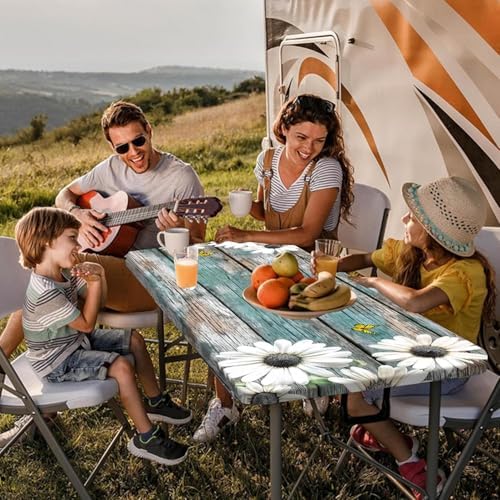 Daisy Flowers Picnic Table Cover with Bench Covers and Bag, Camping Essentials, Wooden Grain Waterproof Windproof, Fitted Tablecloth Cover with Elastic Edge, for Indoor & Outdoor, 3 PCS, 30x60 Inch - Image 3