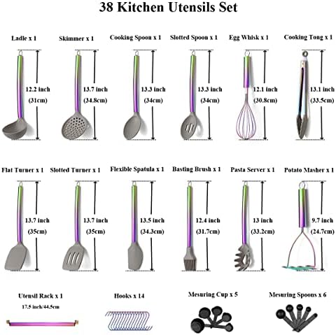 HOMQUEN 38 Piece Silicone Kitchen Cooking Utensils Set with Utensil Rack, Silicone Head and Stainless Steel Handle Cookware, Rainbow Handle with Silicone Head - Image 2