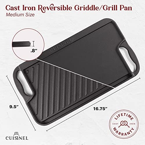 Cuisinel Cast Iron Griddle/Grill + Burger Press + Pan Scrapers - Reversible Pre-Seasoned 16.75" X 9.5"-inch Dual Handle Flat Skillet and Griller Pan + Cleaning Accessories - Indoor/Outdoor Stove Safe - Image 3