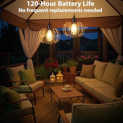 Battery Operated Hanging Chandelier Outdoor, Set of 2 with Remote, No Wiring, Boho Copper Wire Beaded Pendant Light, IP55 Weatherproof, Dimmable Timer, for Gazebo Pergola Porch Patio Decor - Image 6