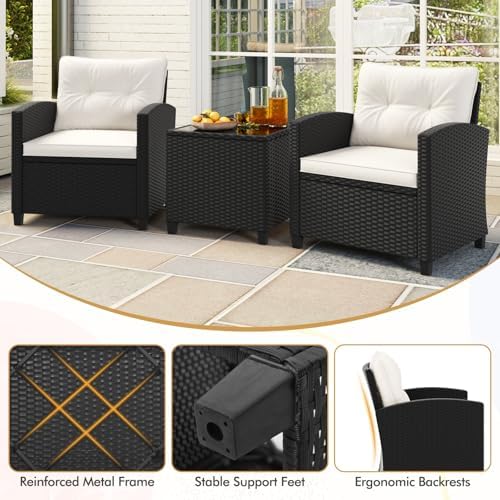 RELAX4LIFE 3-Piece Patio Furniture - Wicker Rattan Bistro Sofa Set w/Glass Top Coffee Table, Washable Cushions for Porch Balcony Backyard Poolside, Outdoor Conversation Set (Off White) - Image 7