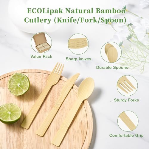 ECOLipak 300 Count Bamboo Cutlery Set, 100 Knives, Forks and Spoons each - Image 4