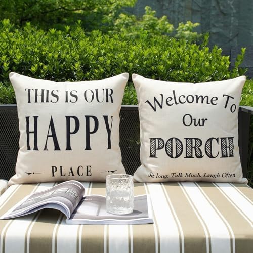 JOJOGOGO Welcome to Our Porch Outdoor Pillow Covers Waterproof 18x18 Set of 2, Decorative Farmhouse Outdoor Throw Pillows 18 x 18, Back Porch Decor Patio Furniture Pillows (This is Our Happy Place) by JOJOGOGO