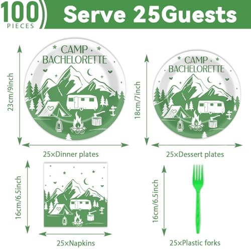 100 PCS Camp Bachelorette Party Supplies Tableware Set Mountain Camp Bachelorette Party Decorations Favors Paper Plates Napkins Forks for Girls Bridal Shower Wedding Engagement Serves 25 Guests - Image 2