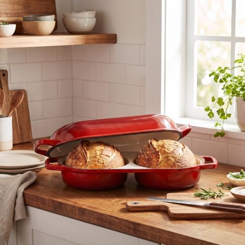 EDGING CASTING Enameled Cast Iron Double Bread Dutch Oven, Red - Image 3
