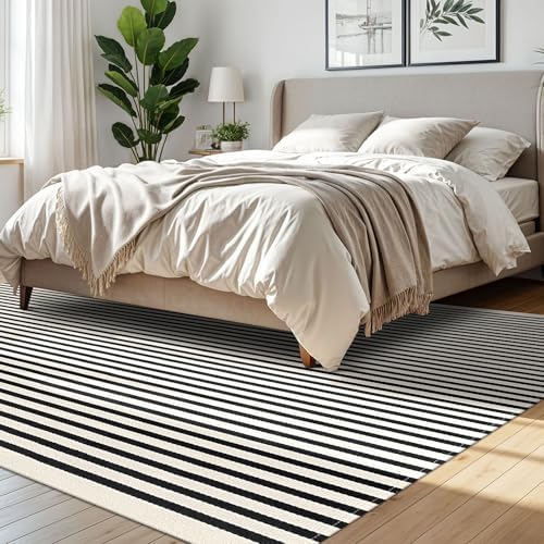 IOHOUZE 8x10 Striped Area Rug, Washable Indoor Outdoor, Black Beige - Image 3