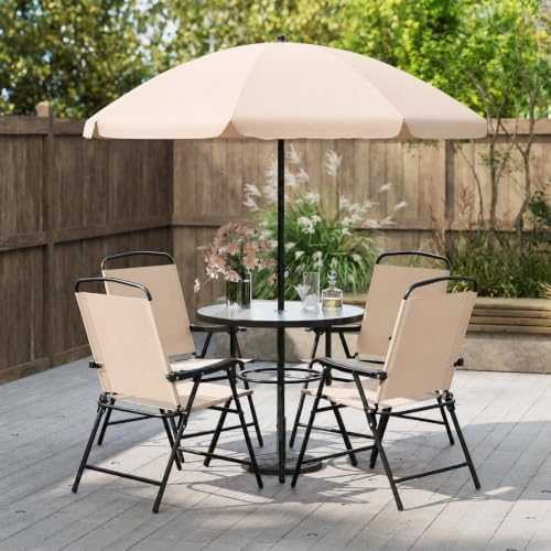 Tangkula 6 Pieces Patio Dining Set with Umbrella, Outdoor Table and Chairs Set with 4 Folding Armchairs and Round Tempered Glass Table for Garden, Deck, Lawn and Backyard (Beige) - Image 3