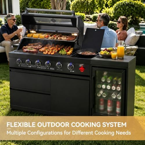 65" Modular Outdoor Kitchen Island,4-Burner 72,000 BTU Stainless Steel Propane Grill with Side Burner,Infrared Burner,Refrigerator,and Granite Countertop.Gas Grill for Backyard & Patio BBQ. - Image 5