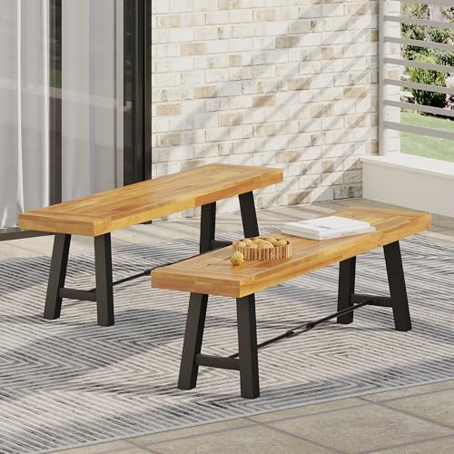 70'' Outdoor Patio Dining Table & 2 Bench for 4, Acacia Wood Farmhouse Dining Table Set Outdoor & Indoor Furniture for Patio Porch Garden, H-Shaped Metal Base, 3-Pcs, Teak - Image 7