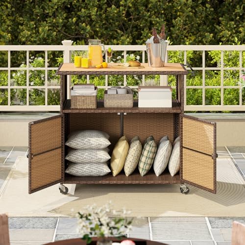Tangkula Rattan Outdoor Storage Cabinet with 4 Wheels (Mix Gray) - Image 2