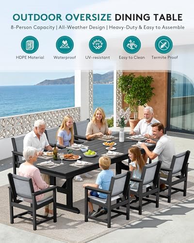SERWALL 9Pcs HDPE Outdoor Dining Set for 8 with Sling Chairs,Black/Gray - Image 6