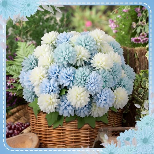 XunYee 12 Pcs Blue Artificial Flowers for Outdoor,Silk Chrysanthemums - Image 6