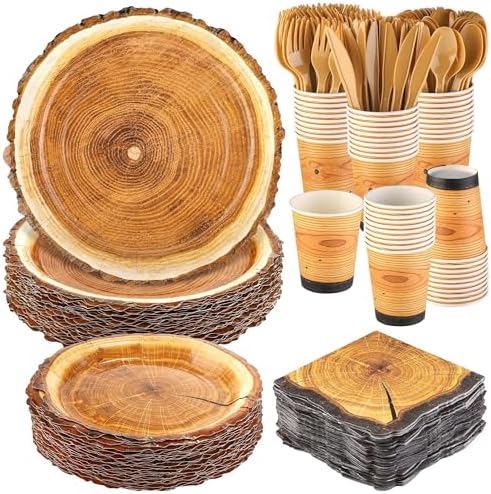 Kochorie 400 Pieces Wood Slice Disposable Tableware Sets, Rustic Wood Party Supplies with Plates Cups Napkins Cutlery Serves 50 for Birthday Hunting Forest Themed Party Decorations by Kochorie