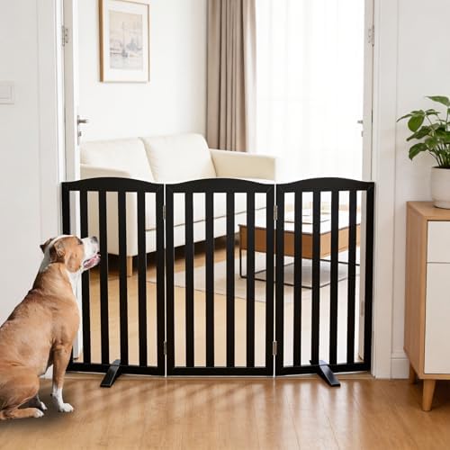 Freestanding Dog Gate Indoor,Doggie Gate Foldable Pet Gates for Doorways,Stairs or Hallways, Wooden Black Pet Gate for the House, Pet Fence with Support Feet Included,32 "Height-3 Panels by SFJC