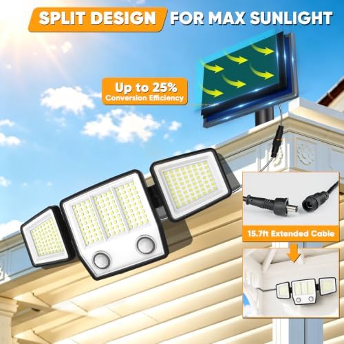 MDCMDCM Split Solar Lights Outdoor Waterproof with Dual Motion Sensors - 15.7ft Cable 3000LM Solar Security Light for Garden Patio Pathway Fence, IP65 Waterproof Solar Flood Lights for Outside - Image 2
