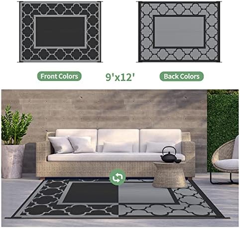 GENIMO Outdoor Rug, Waterproof Plastic Rugs for Patio, 9'x12' Black Gray - Image 4
