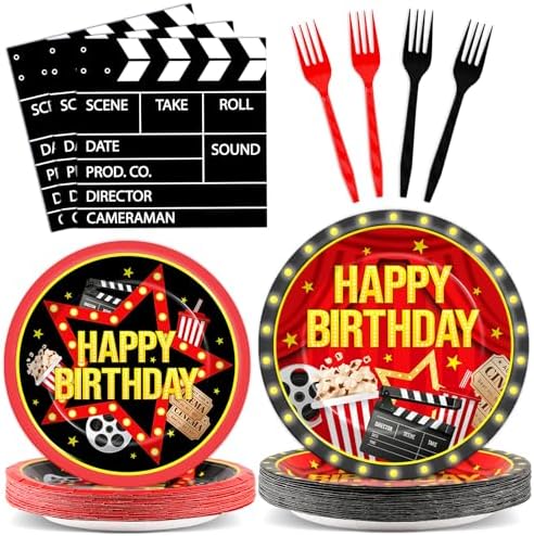 96PCS Movie Theme Birthday Party Paper Plates and Napkins Happy Birthday Disposable Tableware Set for 24 Guests Movie Night Birthday Gatherings Decorations by Oitnlaughter