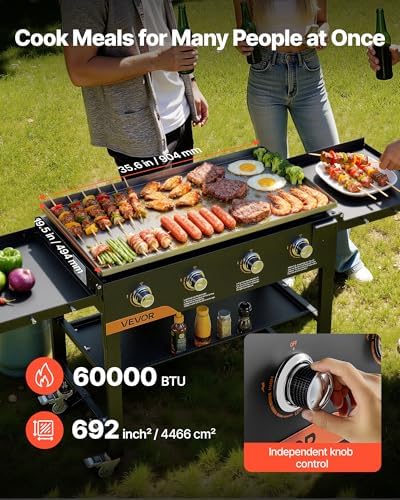 VEVOR Gas Griddle, 4-Burner Flat Top Grill, 36 inch Grill Plate Foldable Propane Griddle with Wheels, 60000 BTU Outdoor Flat Top Grills for Pan-Frying, Grilling, Stir-Frying, & BBQ, Pulse Ignition - Image 3