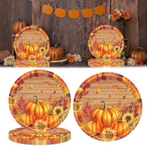 20 Pcs Happy Thanksgiving Party Disposable Paper Plates Fall Themed 9 Inch Round Dinner Plates for Autumn Party Decorations (Wood Grain Pumpkin Maple Leaves) by Ncozwo