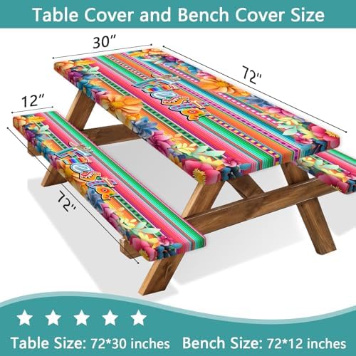 Mexican Fiesta Picnic Table Cover with Bench Covers, Cinco de Mayo Fiesta Waterproof Windproof, Camping Essentials, Fitted Tablecloth Cover with Elastic Edge, for Garden & Outdoor, 3 PCS, 30x72 Inch - Image 3