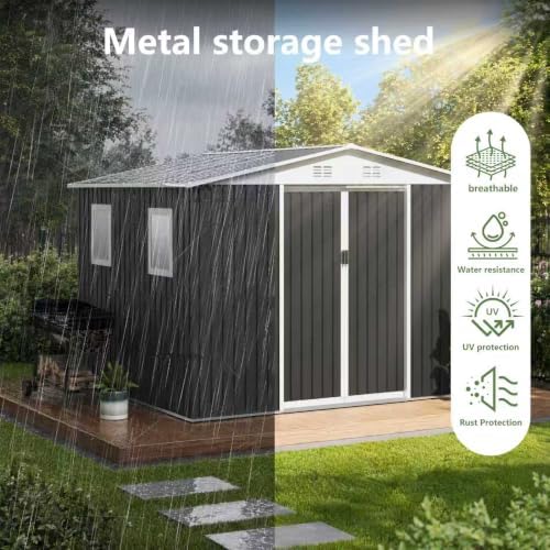 10x8 FT Metal Garden Shed with Sliding Door 4 Windows,Grey - Image 3