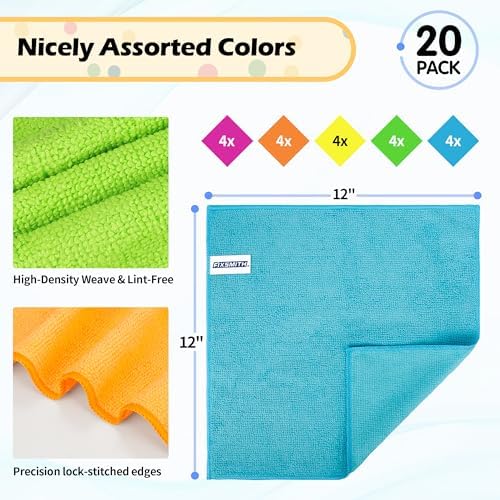FIXSMITH Microfiber Cleaning Cloth, 20 Pack Cleaning Rags, Cleaning Towels for Housekeeping, Kitchen, Car, Lint-Free, Reusable Shop Towels with 5 Colors (Green/Blue/Yellow/Orange/Pink), 12"X12" - Image 2