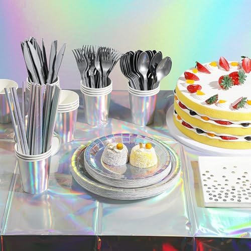 MaitianGuyou 7 Inch 40 Count Iridescent Holographic Paper Plates, Disposable Shiny Rainbow Dessert Plates for Birthday, Bridal Shower, Bachelorette, Wedding & Disco Party Table Decor - Image 5