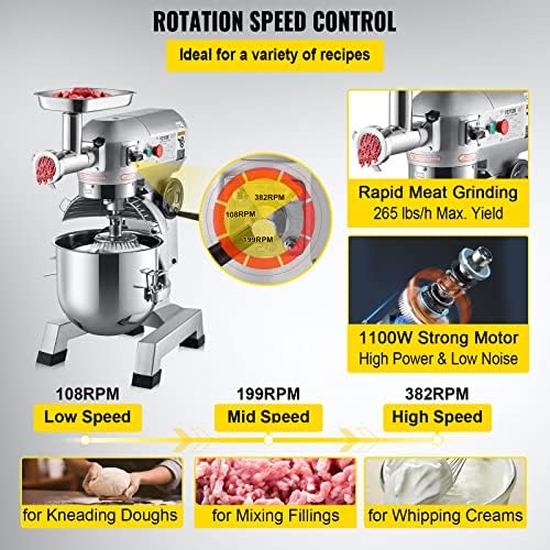 VEVOR Commercial Stand Mixer, 20Qt Stainless Steel Bowl, 1100W 2 in 1 Multifunctional Electric Food Mixer with Meat Grinder & 3 Speeds, Dough Hook Whisk Beater Included, Perfect for Bakery Pizzeria - Image 4