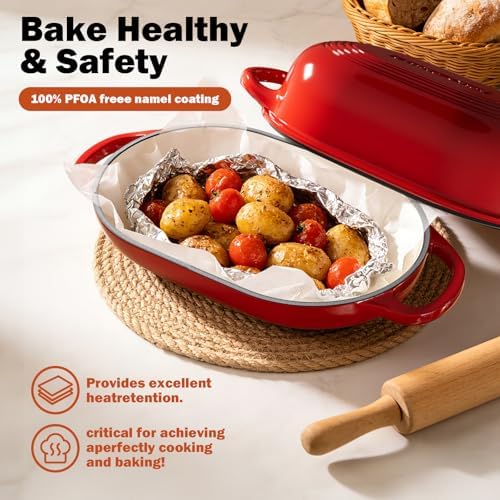 Enameled Cast Iron Sourdough Bread Oven, Dutch Oven, incl. Sourdough Bread-Baking Supplies like Banneton Bread-Proofing Basket - 5QT Loaf Cast Iron Bread Pan for Homemade Bread Baking, Red Meatloaf Pan with Lid - Image 6