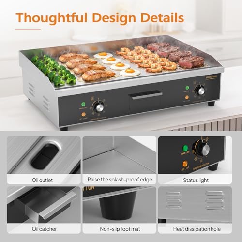 ROVSUN 30" Electric Griddle, Electric Countertop with Half Flat Top Griddle, 3000W Grill Stainless Steel with Adjustable Temperature Control 122°F-572°F for Commercial Home Restaurant, Plug - Image 4