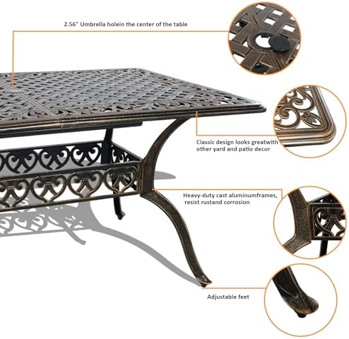 58.66" Bronze Aluminum Hollow Pattern Outdoor Dining Table, Fits 8, With Umbrella Hole - Image 6