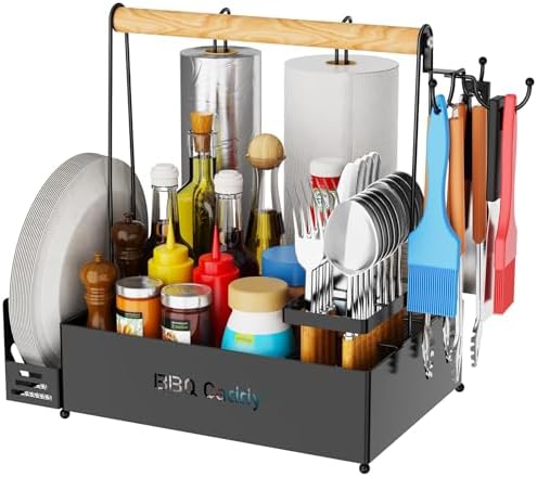 Grill Caddy, BBQ for Outdoor Grill with 2 Paper Towel Holders, Picnic BBQ Condiment Utensil Organizer Caddy for Outdoor Cooking, Rv, Camping Essential, Camper Must Haves,Gifts for Men by GUIBUKEYAN