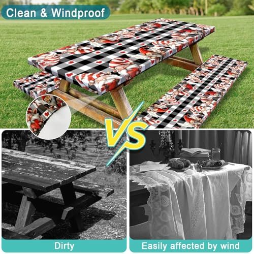 Valentine's Day Picnic Table Cover with Bench Covers, Camping Essentials, Valentines Decor Waterproof Windproof, Fitted Tablecloth Cover with Elastic Edge, Outdoor Table Covers, 3 PCS, 30x60 Inch - Image 6