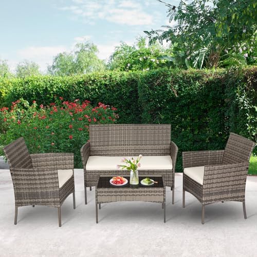 FDW 4-Piece Patio Furniture Set | Gray & Khakhi | Outdoor Wicker Furniture - Image 2