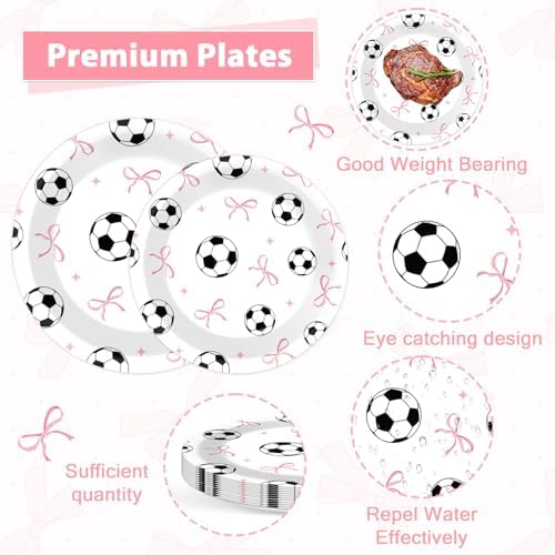 96PCS Soccer and Bow Party Paper Plates and Napkins for Sports Themed Party Dessert Cake Plates Disposable Decor Pink Bow Soccer Birthday Parties Set for Boys Girls Birthday Gatherings Decorations - Image 3