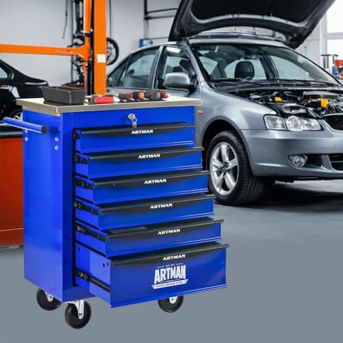 6-Drawer Heavy-Duty Rolling Tool Chest with Wheels & Steel Roof, Lockable Tool Chest Storage Cabinet for Garage, Workshop, Warehouse, and Repair Shop - Image 2
