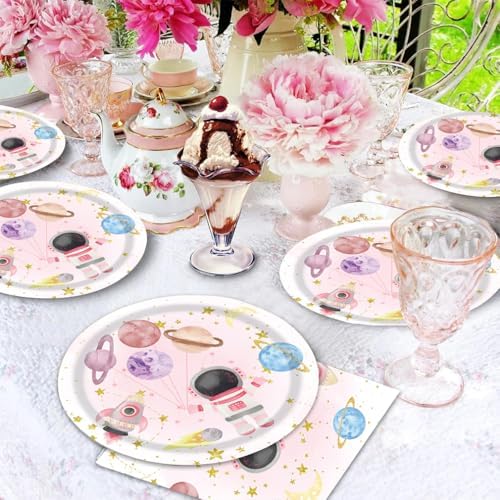 Egami 40pcs Pink Space Party Supplies,include 20 Dessert plate and 20 Napkin,Galaxy Space Planet Astronauts Birthday Plate Napkin Set,Used for outer space Party Decoration - Image 5