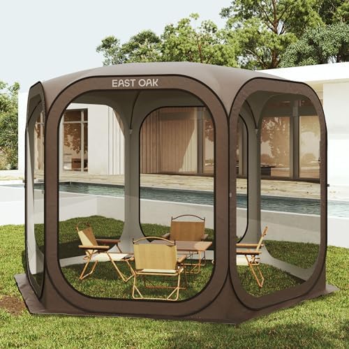 East Oak Screen House Tent Pop-Up, Portable Screen Room Canopy Instant Screen Tent 10 x 10 FT with Carry Bag for Patio, Backyard, Deck & Outdoor Activities, Brown by EASTOAK