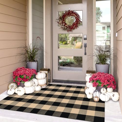 IOHOUZE 3x5 Buffalo Plaid Outdoor Rug, Washable Front Porch, Tan Black by iOhouze