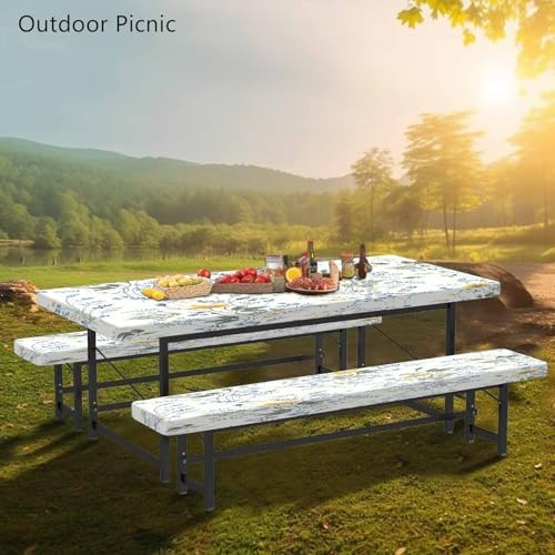 CAPSCEOLL Picnic Table Cover with Bench Covers 8ft - Blue Yellow Flowers - Image 6
