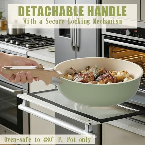 Umite Chef Non Stick Pots and Pans Set, 21 Pcs Ceramic Kitchen Cookware Set with Detachable Handle, Nonstick Healthy Induction Cookware, Dishwasher RV Cookware Set, Oven Safe, Stackable, Sage Green - Image 6