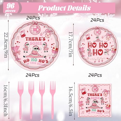 Theres Some Ho Ho Hos in This House Decorations Tableware, 96PCS Pink Friendsmas Christmas Party Paper Plates Napkins Decoration, Funny Christmas Theme Birthday Forks Decor Serve 24 - Image 2