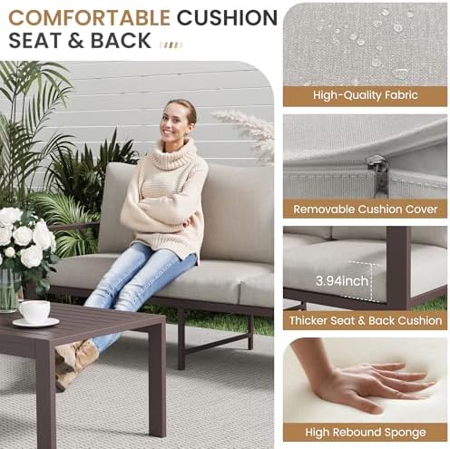 5-Piece Aluminum Patio Conversation Sets All-Weather Outdoor Furniture Sectional Sofa Modular Patio Set with 4'' Cushion Removable Covers for Porch Poolside Deck Balcony Yard - Image 4