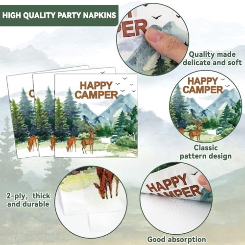 Camping Party Plates Napkin Happy Camper Dinnerware Camping Adventure Themed Birthday Party Tableware Set Disposable Fork Supplies for Boys Girls Tournament Birthday Decorations Serve 24 - Image 4