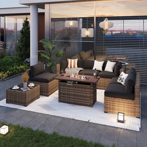 Aoxun Patio Furniture Sets, 8-Piece Outdoor Patio Furniture with 44'' Propane Gas Firepit Table, Wicker Outdoor Conversation Set Sectional Sofa for Backyard, Poolside, Garden (Black Cushion) - Image 2