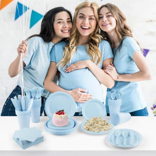 Kochorie 480 Pieces Light Blue Plastic Dinnerware Set Disposable Heavy Duty Plates Napkins Cups Silverware Dessert Dinner Plates for Birthday Wedding Baby Shower Party Supplies, Serves 60 Guests - Image 6