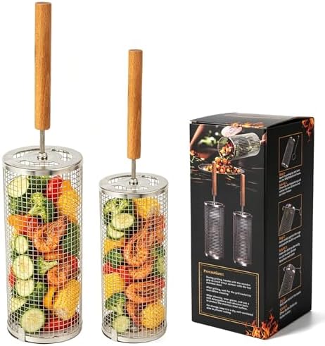 Rolling Grill Baskets (2PCS), Stainless Steel Grill Basket,Dishwasher Safe BBQ Grill Accessories Portable Grill Baskets for Outdoor Grill for Fish, Shrimp,Meat,Vegetables,Fries Outdoor Cooking Camping by Unknown