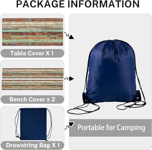 CAPSCEOLL Elastic Picnic Table Cover with Bench Covers 8ft - Windproof Scratch-Resistant Waterproof - Rustic Wood Camping Tablecloth with Drawstring Bag for RV Essentials Pet Lovers (96in, 3 PCS) - Image 3